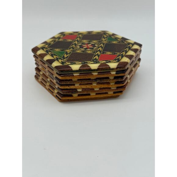 Vtg Japanese Wooden Yosegi-Zaiku Hexagonal 7 PC Drink Coasters Serveware - Picture 3 of 7